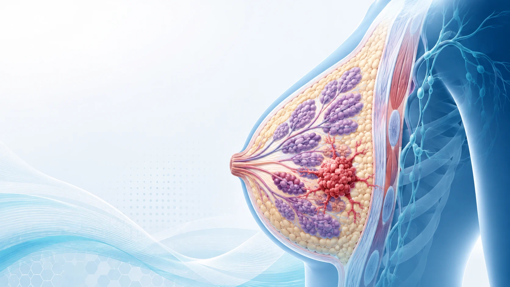 Ilustración médica del tejido mamario sano visto en corte, sobre fondo clínico claro
