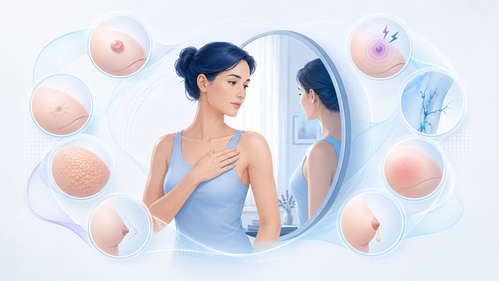 Ilustración de una mama señalando cambios visibles en piel y pezón, estilo educativo