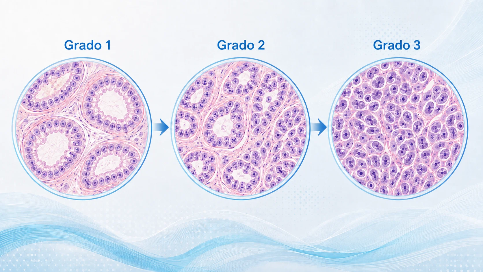 Vista al microscopio de células tumorales de grado 1, 2 y 3, de más organizadas a más irregulares